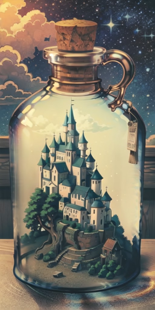 bottle, building, castle, cloud, fantasy, fingernails, head out of frame, house, gib\(concept\), miniature, scenery, solo,...